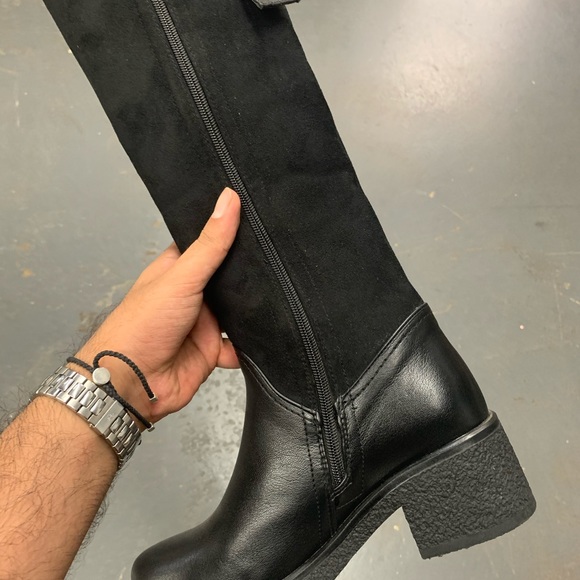 Faux Fur Lined Knee High Winter Boot in Black Faux Suede and Leather - Picture 8 of 16